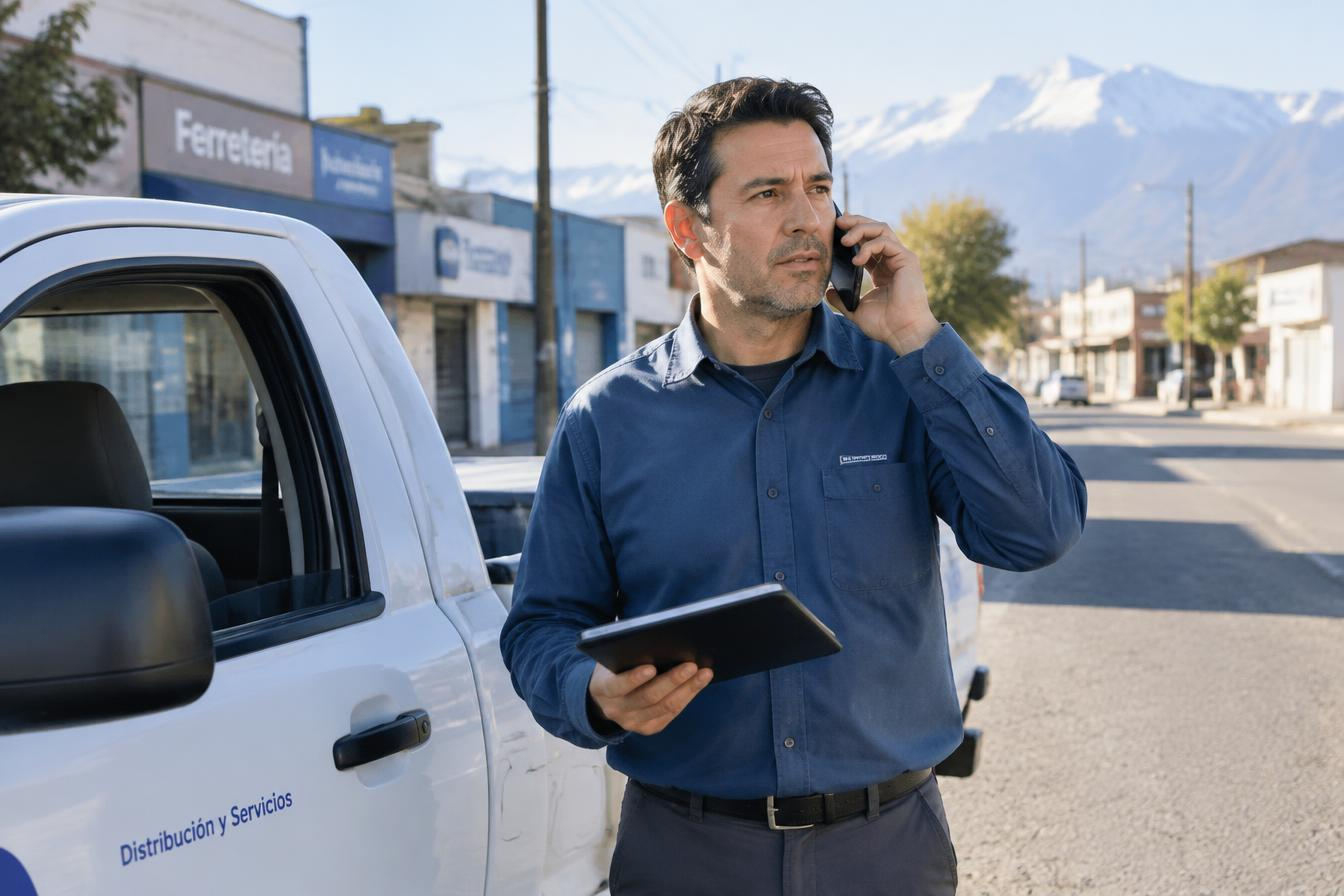 Coordinador operativo gestionando por teléfono junto a un vehículo de servicio en una zona comercial chilena