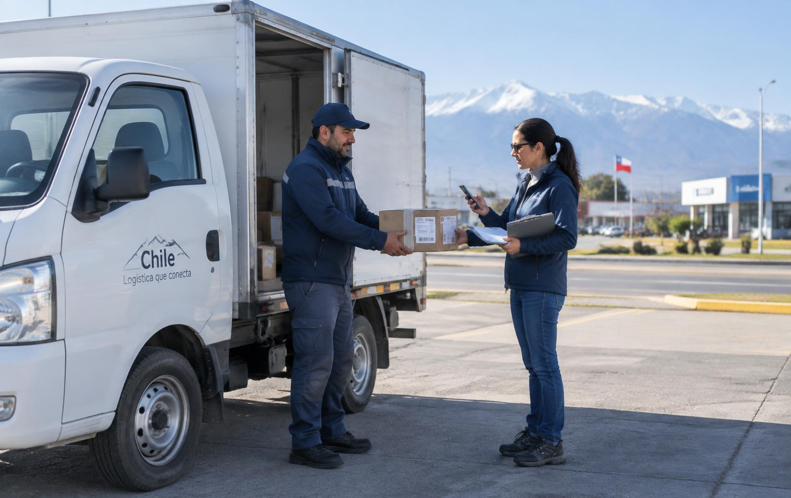 Verificación de una entrega junto a un vehículo de distribución con la cordillera de los Andes al fondo